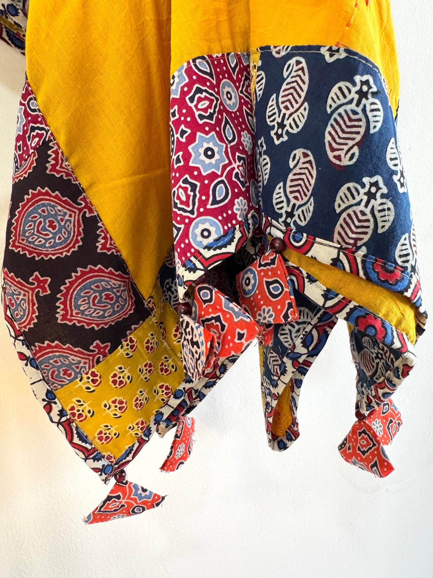 𓂃ོ⋆☀︎𓂃ᨒོ Ajrakh, Applique & Kantha Embroidered Dupatta ~ Amber Yellow 𑁍ࠬ