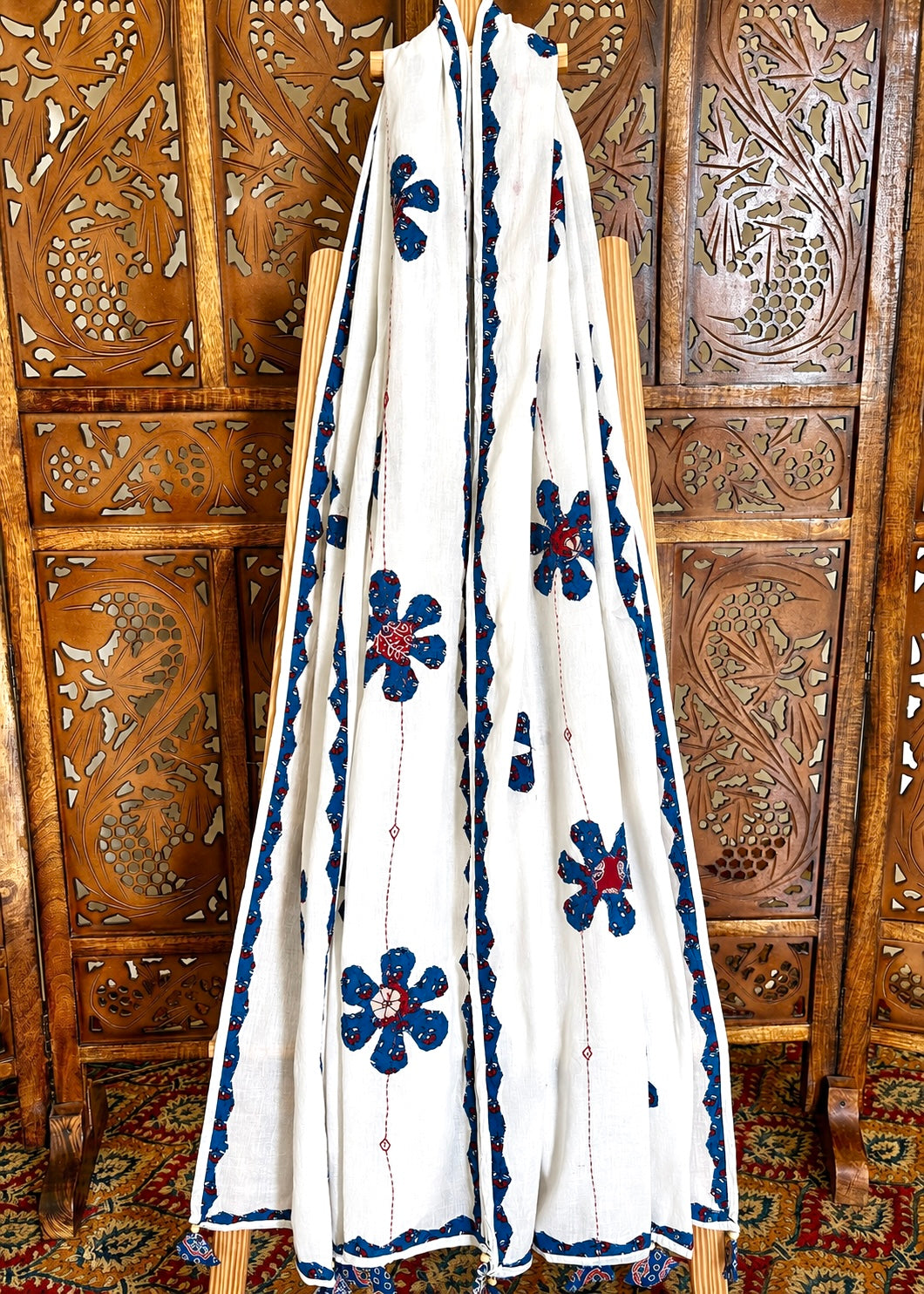 Ajrakh Applique & Kantha Embroidered ~ Indigo Phool Dupatta