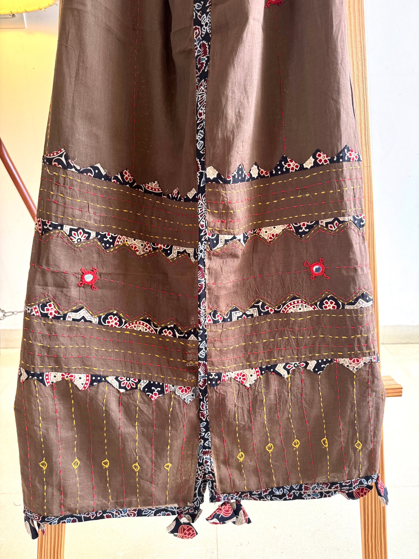 Ajrakh Applique & Kantha Embroidered Dupatta ~ Coffee Brown with Black Patchwork