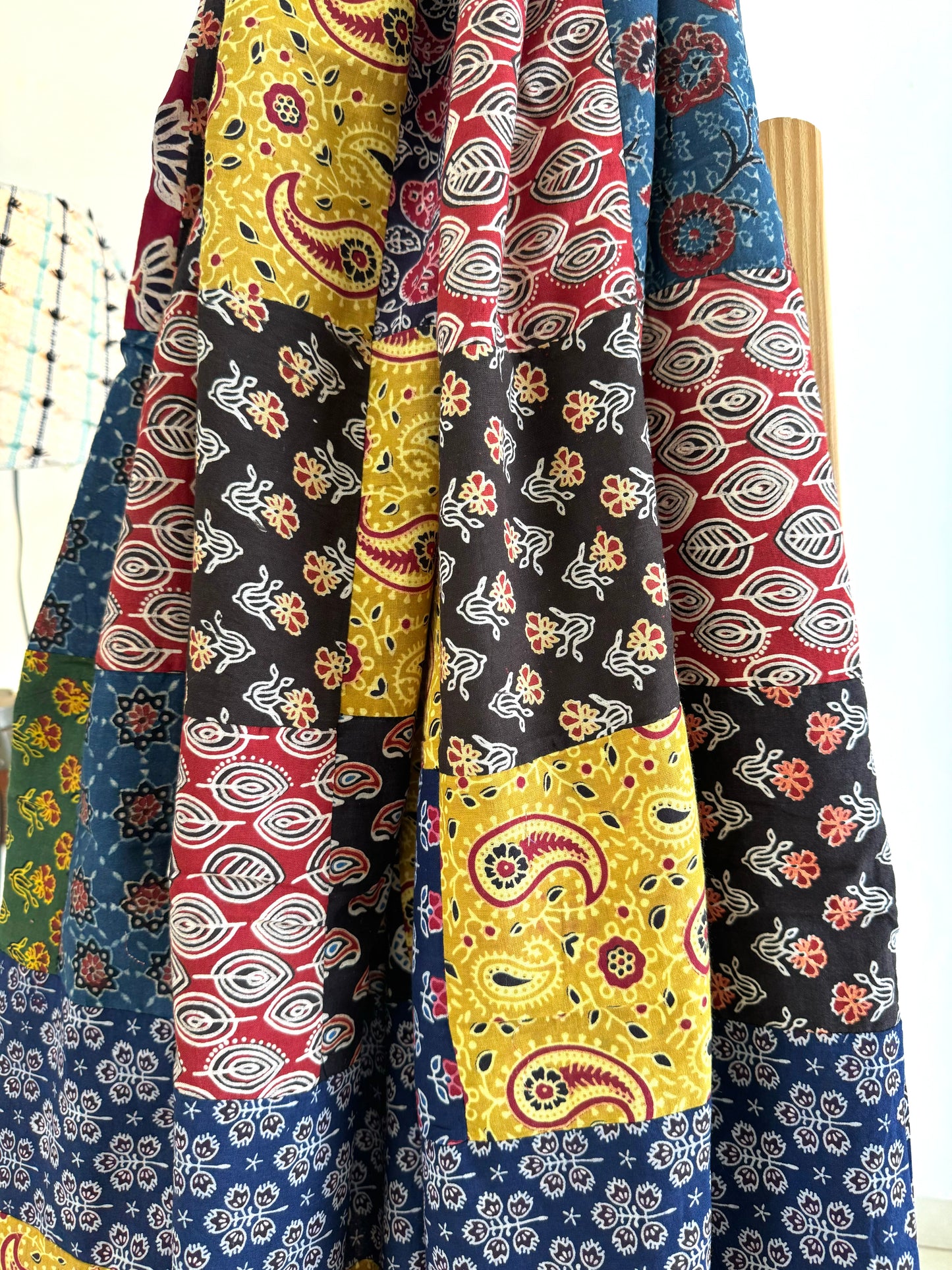 Ajrakh Applique & Kantha Embroidered Dupatta ~ Multicolored Chequered