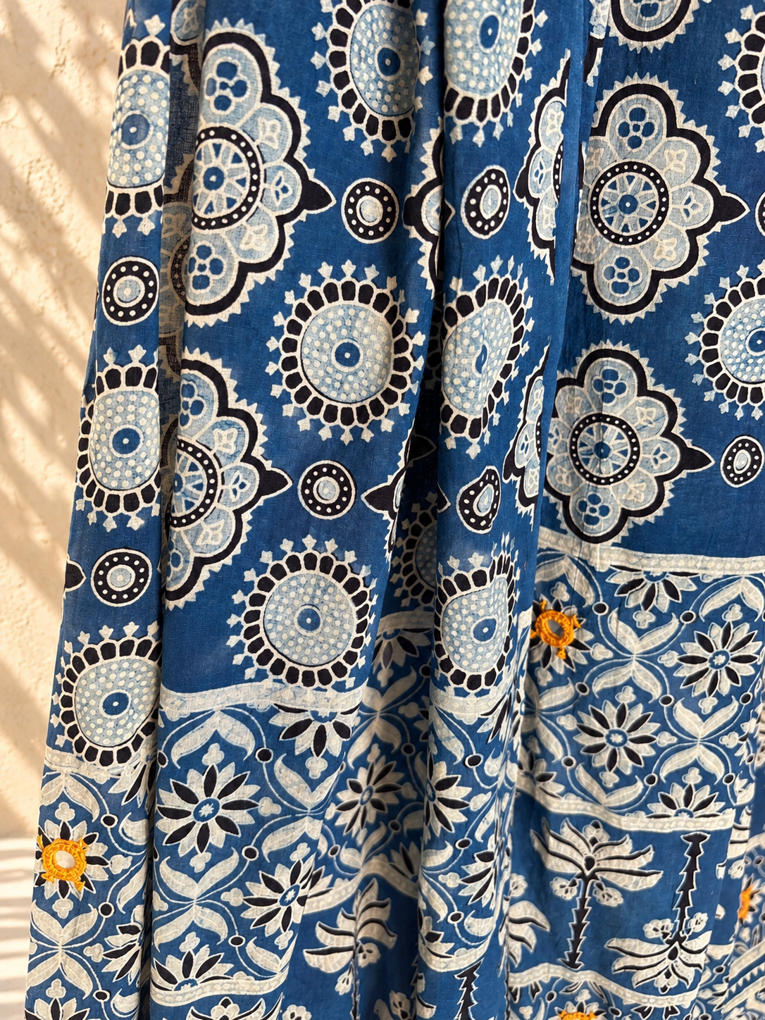 Rangrez🔅Ajrakh Mulmul Cotton Dupattas with Embroidery ~ Neel Bahaar