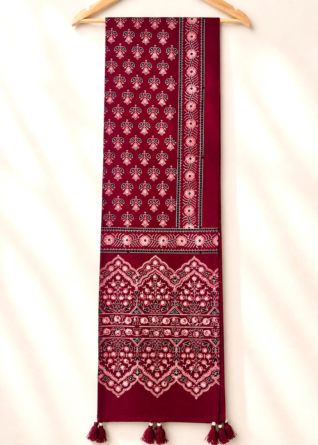 Raahi🌻Ajrakh Cotton Stoles ~ Deep red w/ motifs