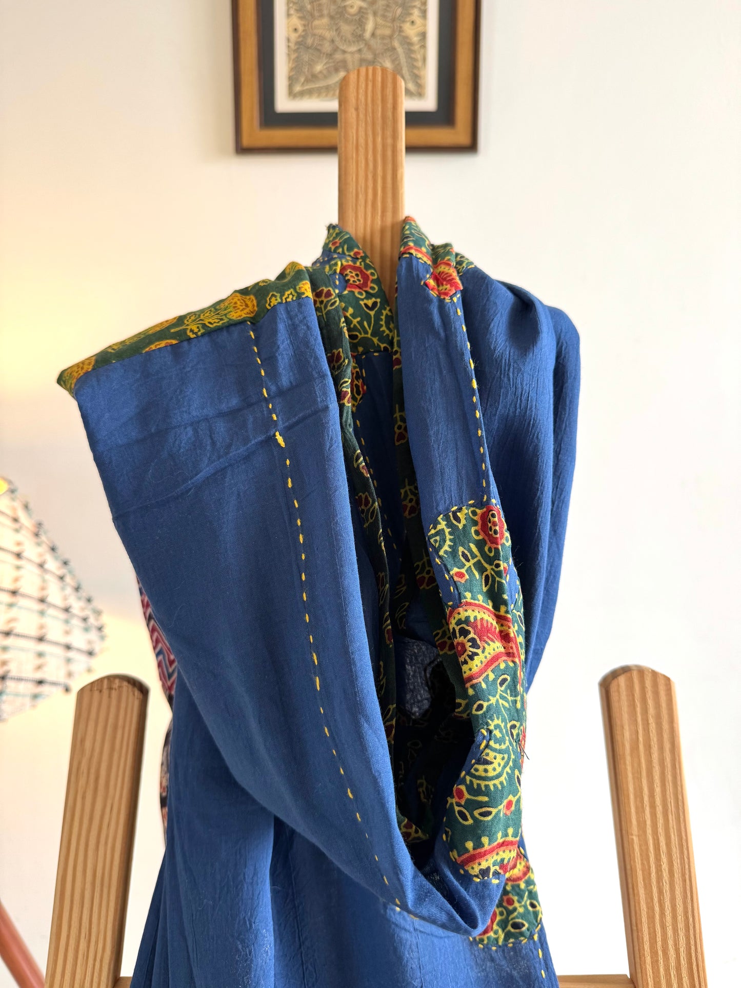 Ajrakh Applique & Kantha Embroidered Dupatta ~ Navy Blue w/ Green Flowers