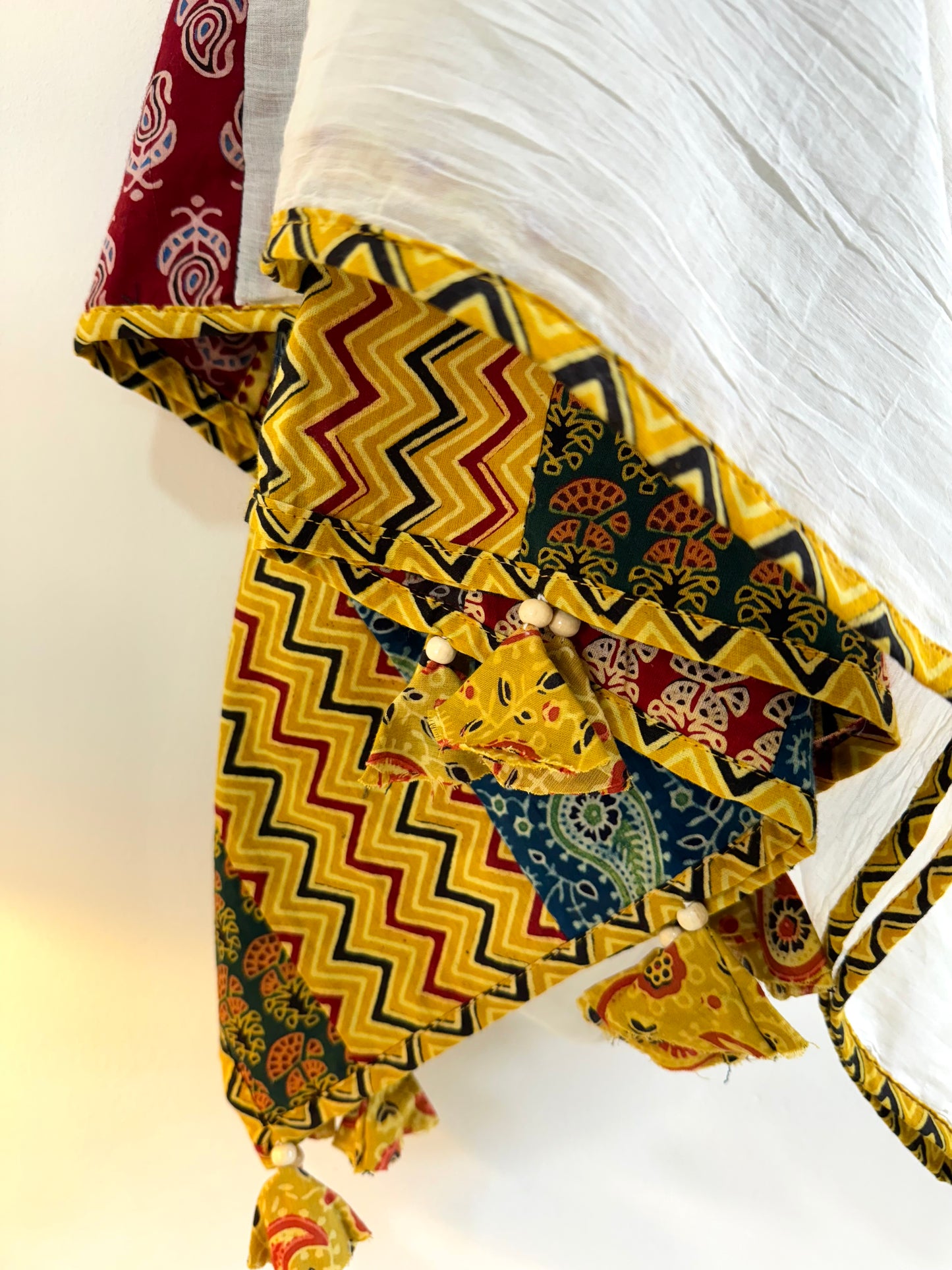 Ajrakh Applique & Kantha Embroidered Dupatta ~ White, Blue & Yellow
