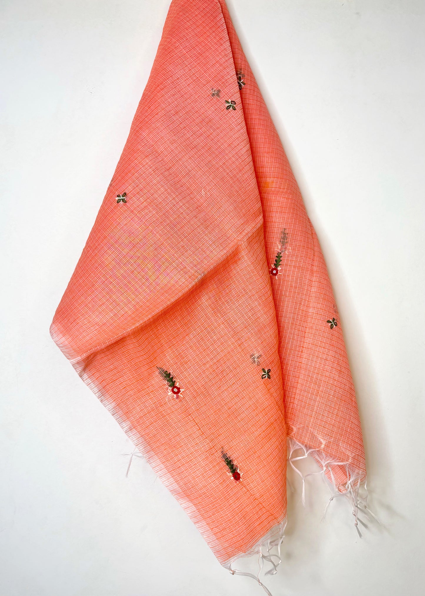 Kota Doria Hand Embroidered Dupatta ~ Peach w/ green flowers