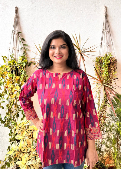 Ikkat - Brick Red Handblock Kurti