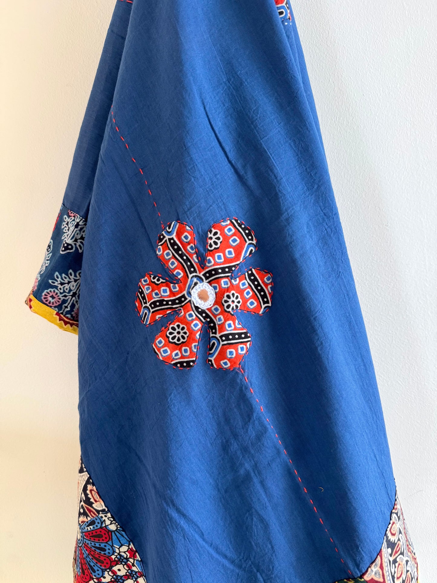 Ajrakh Applique & Kantha Embroidered Dupatta ~ Navy Blue w/ Orange Flowers