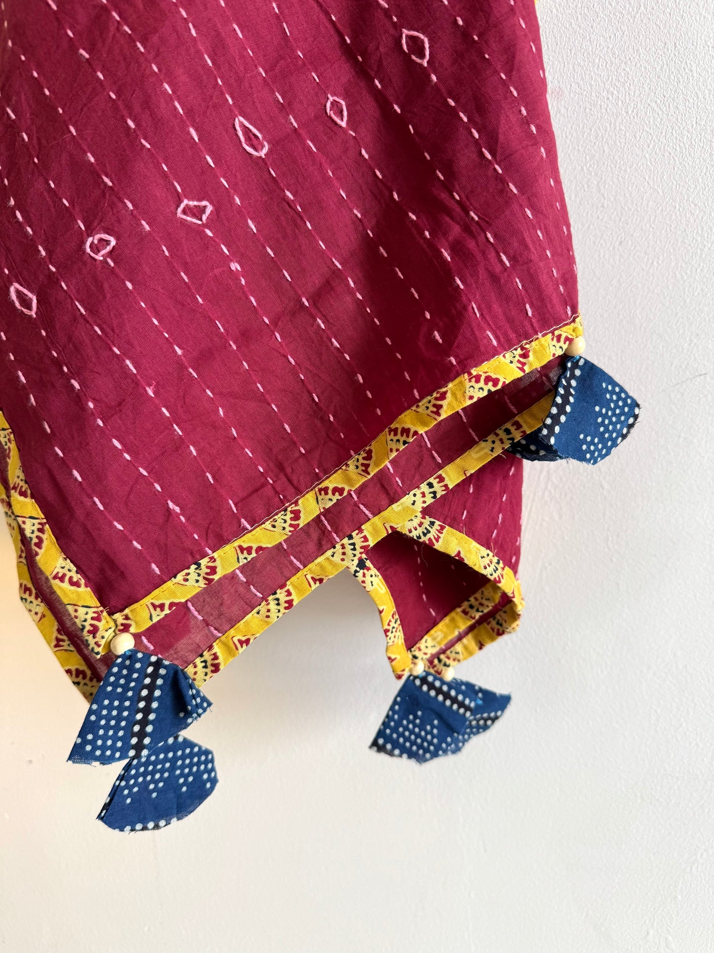 Ajrakh Applique & Kantha Embroidered Dupatta ~ Deep Red with Yellow Kantha Work