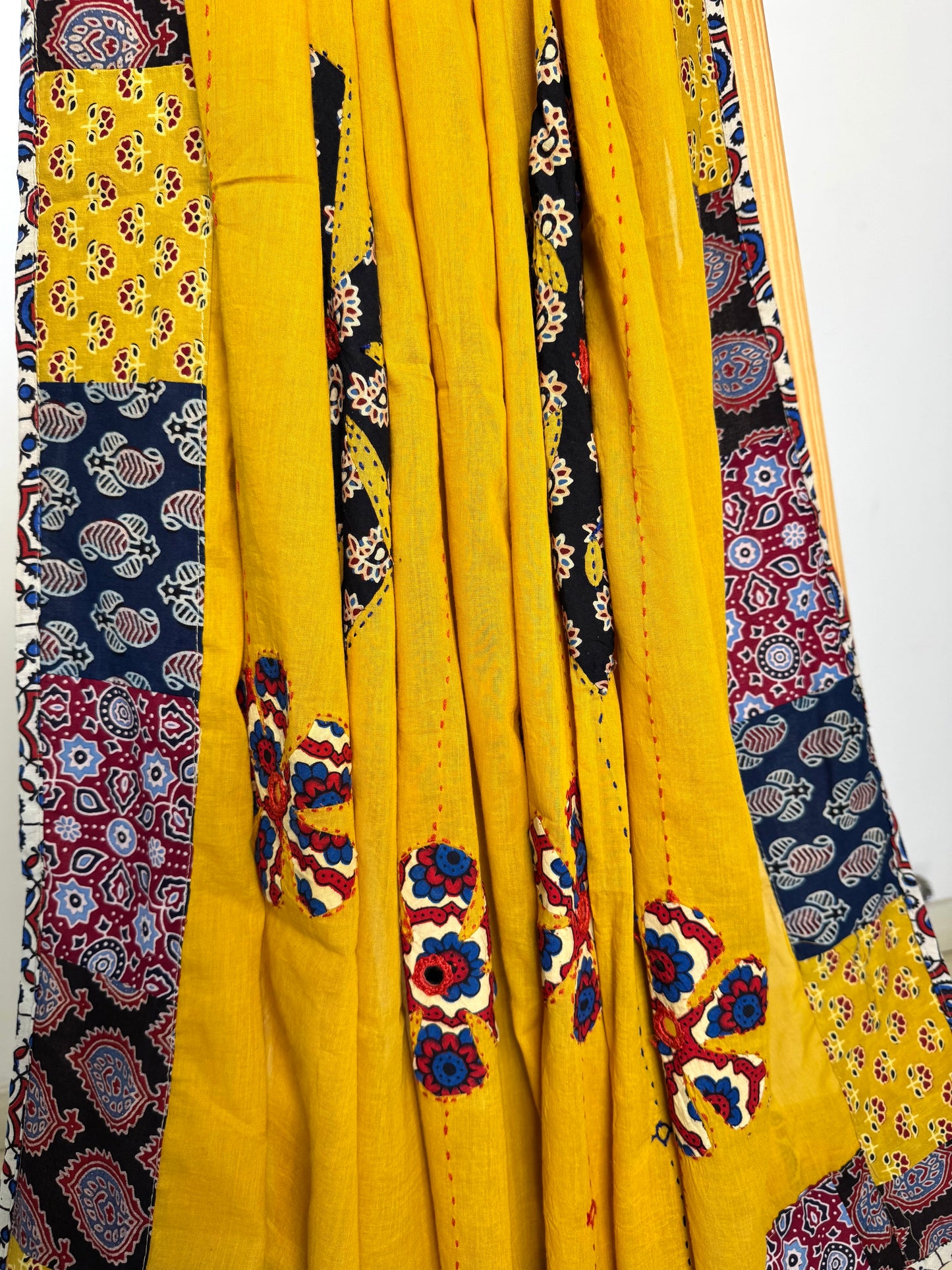 𓂃ོ⋆☀︎𓂃ᨒོ Ajrakh, Applique & Kantha Embroidered Dupatta ~ Amber Yellow 𑁍ࠬ