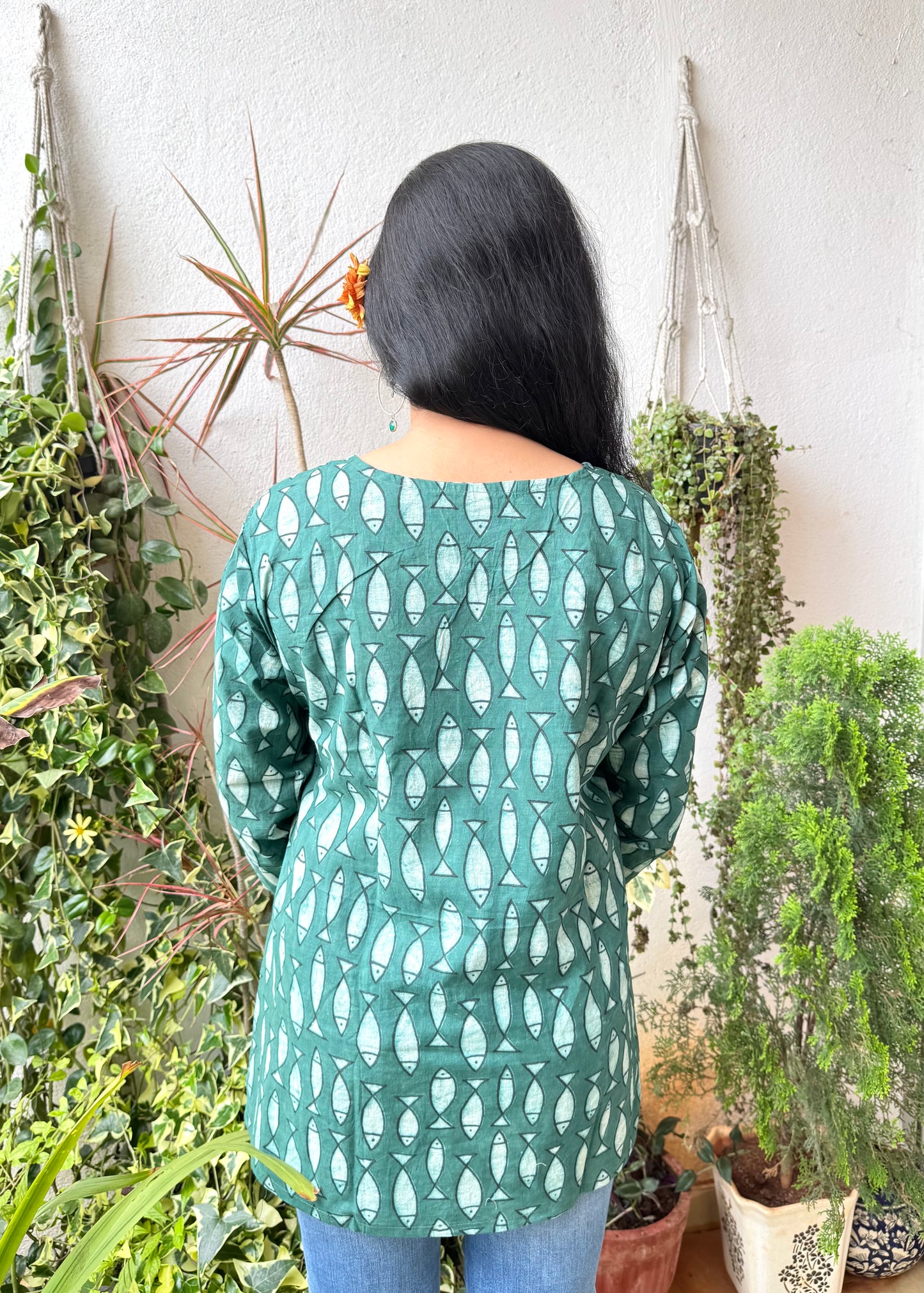 Fish ~ Turquoise Handblock Kurti