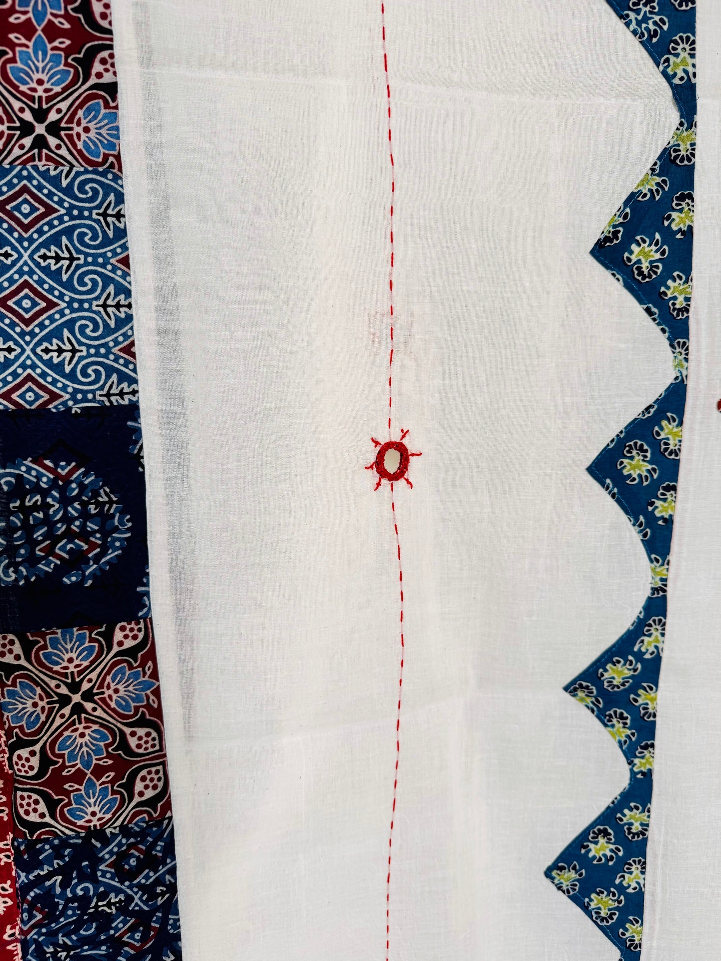 Ajrakh Applique & Kantha Embroidered Dupatta ~ White with Burnt Orange Flowers