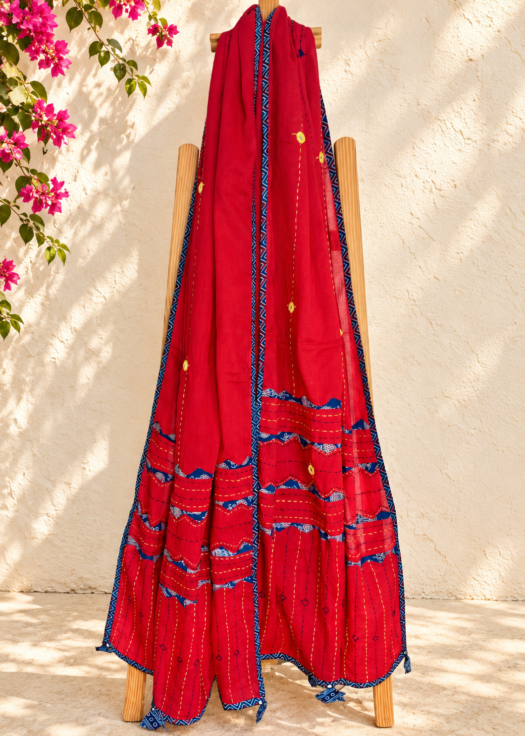 Ajrakh Applique & Kantha Embroidered Dupatta ~ Cherry Red w/ Blue Patchwork