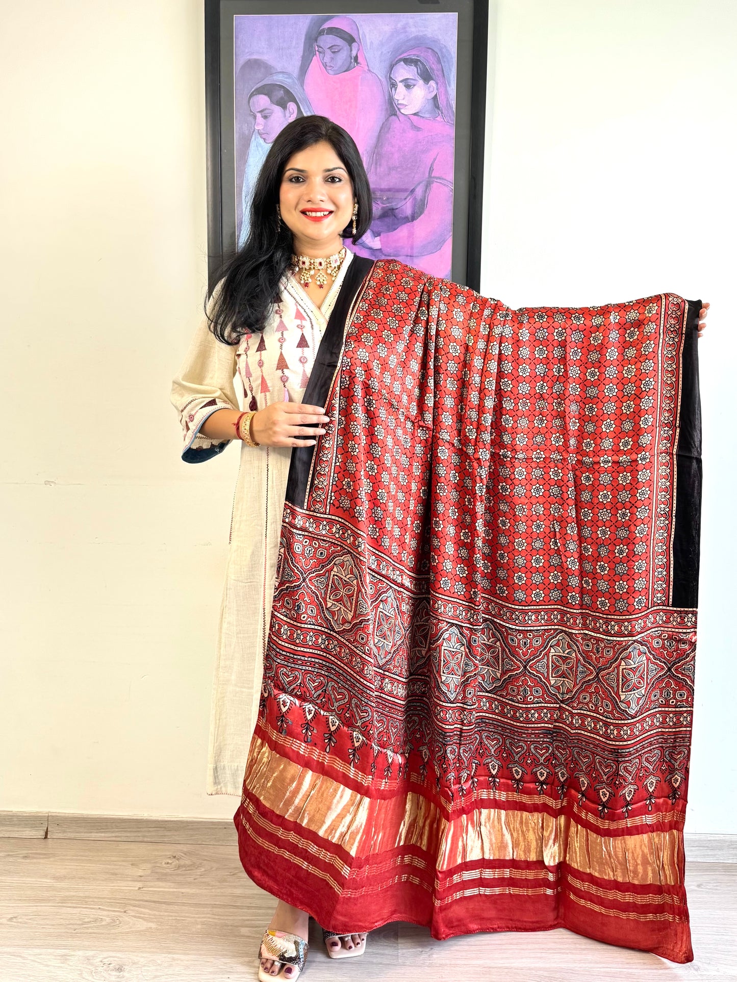 Modal Silk Ajrakh Dupatta ~ Brick Red Jharokha Motif w/ Zari