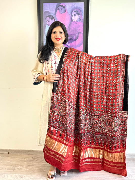Modal Silk Ajrakh Dupatta ~ Brick Red Jharokha Motif w/ Zari