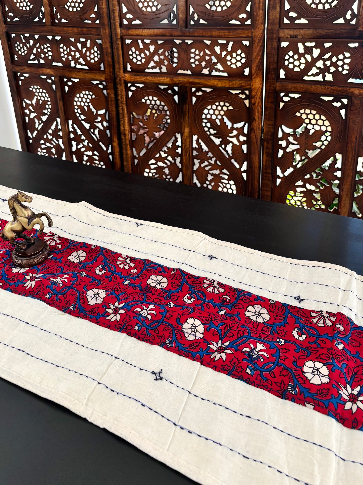White & Red ~ Ajrakh & Kantha Table Runner w/ Mats