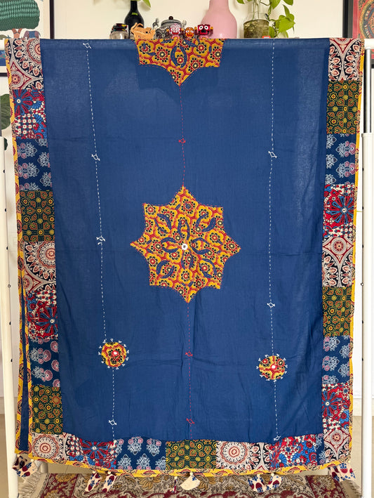 Ajrakh Applique & Kantha Embroidered Dupatta ~ Navy Blue with Mustard Flowers