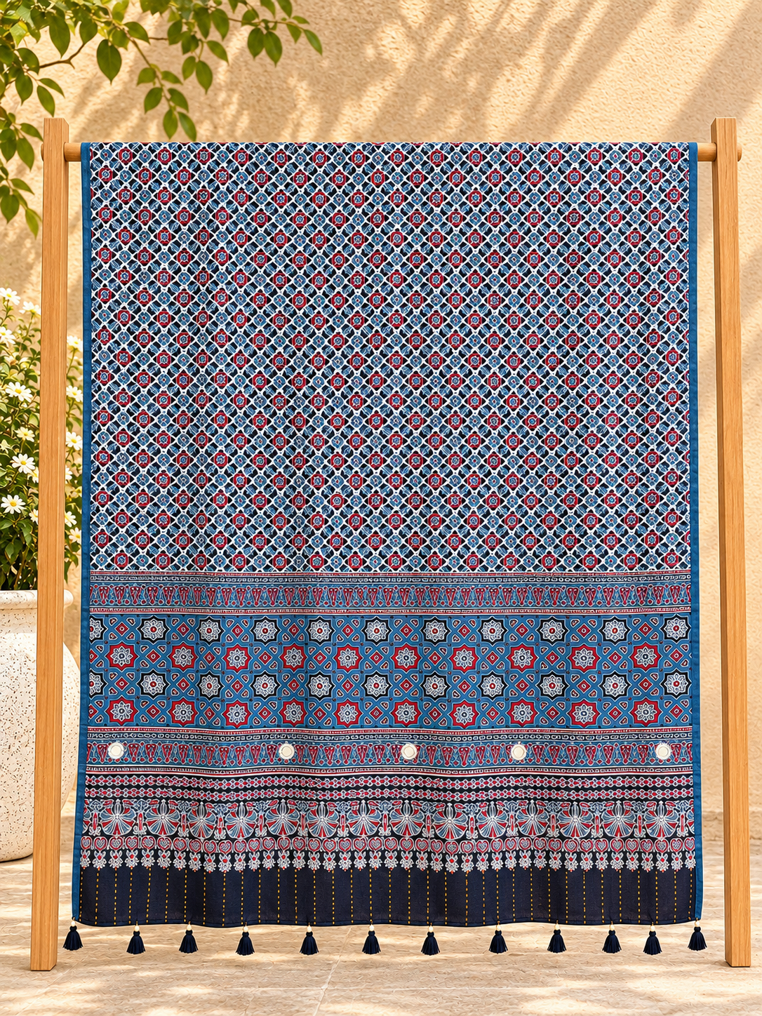 Rangrez🔅Ajrakh Mulmul Cotton Dupattas with Embroidery ~ Blue Banjara