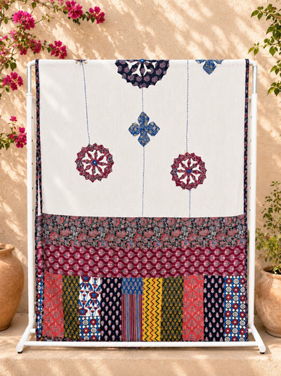 Ajrakh Applique & Kantha Embroidered Dupatta ~ White & Indigo Blooms
