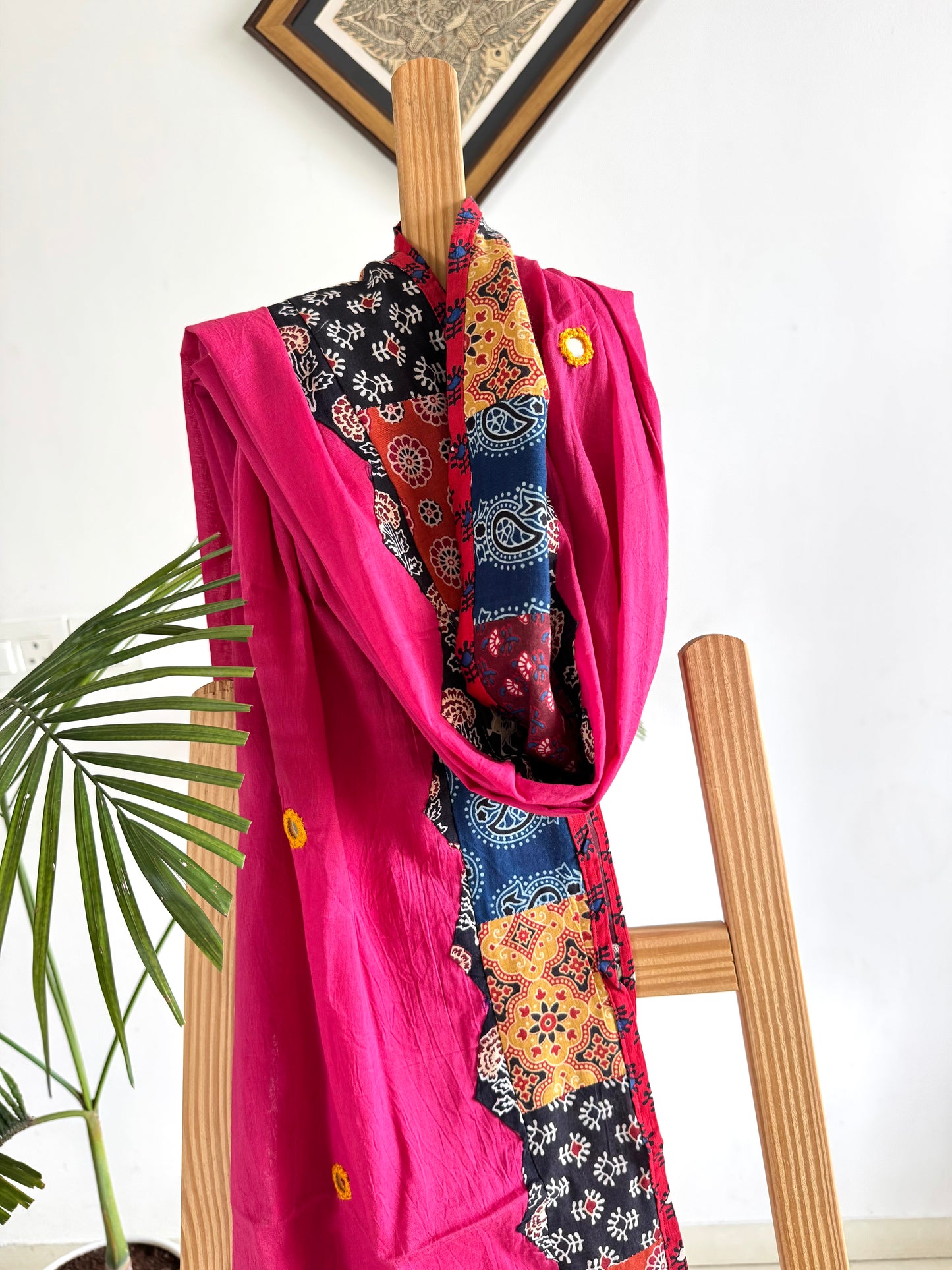 Ajrakh Applique & Kantha Embroidered Dupatta ~ Bright Pink