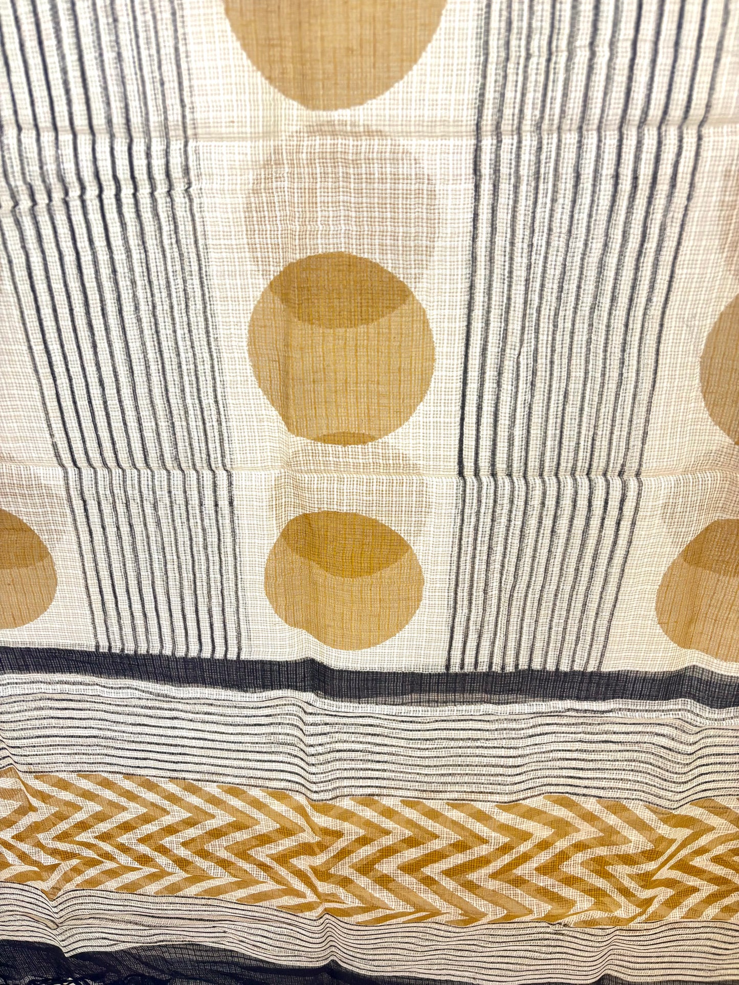 Kota Doria Bagru Handblock Dupatta ~ Black w/ Sand Brown circles