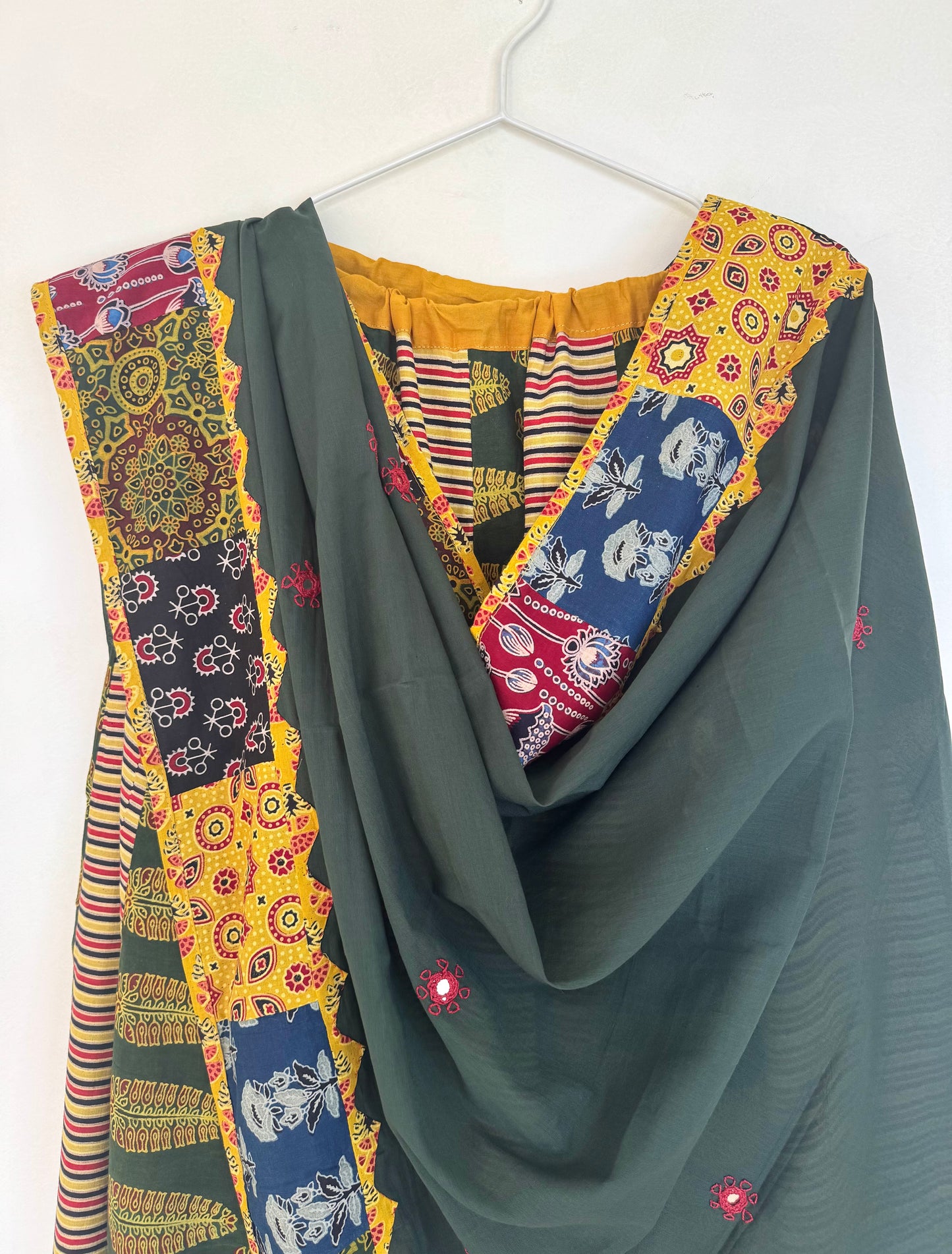 ✨Garba nu Ghoomie ~ Ajrakh Lehenga and Dupatta Set ~ Yellow and Olive Green Combo