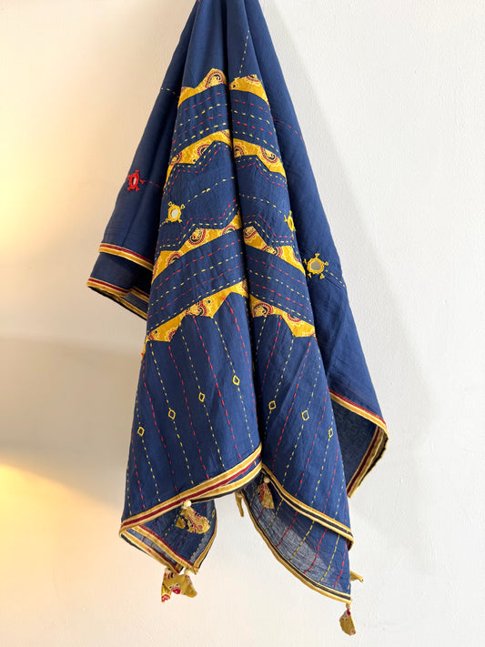 Ajrakh Applique & Kantha Embroidered Dupatta ~ Navy Blue with Yellow Kantha Work
