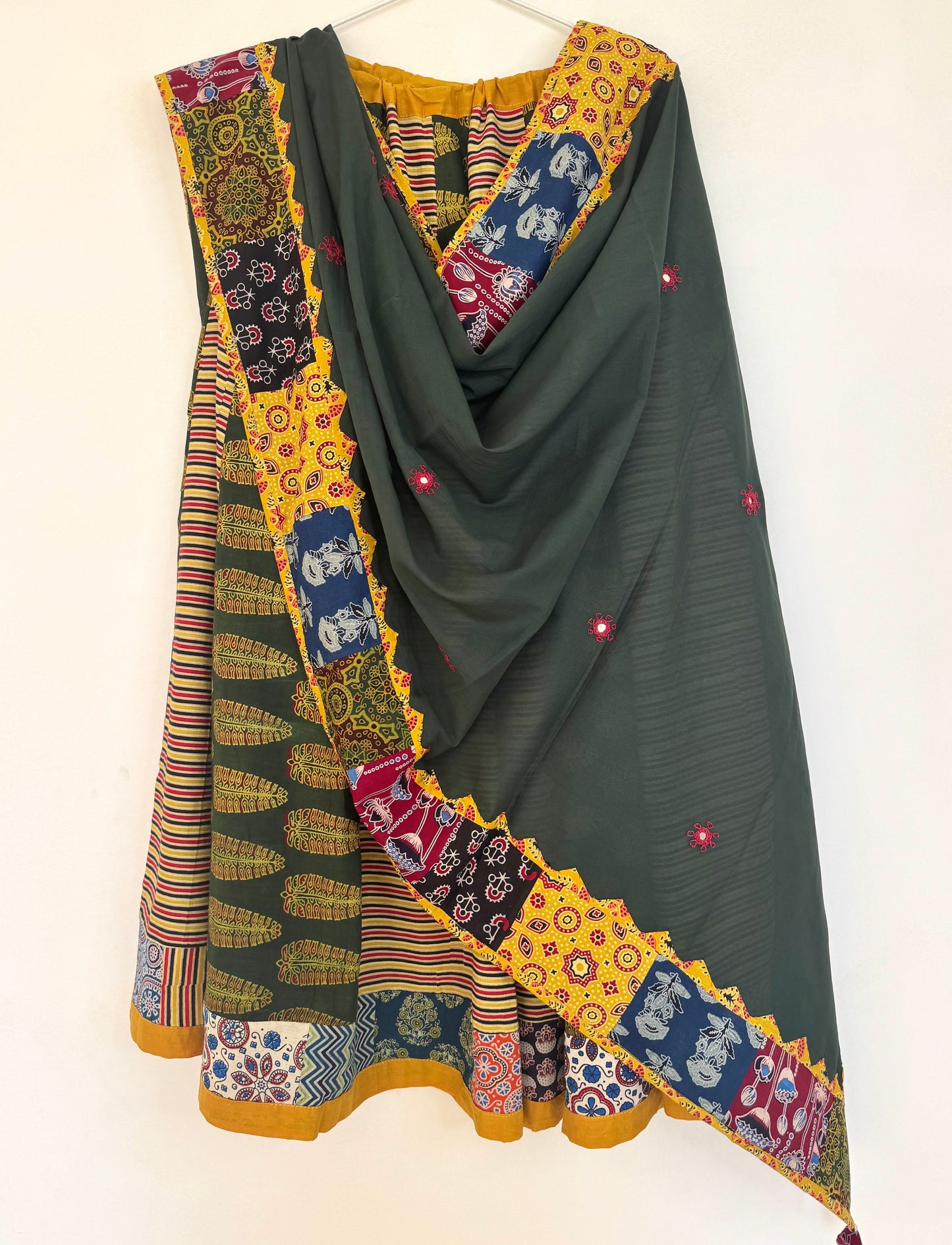 ✨Garba nu Ghoomie ~ Ajrakh Lehenga and Dupatta Set ~ Yellow and Olive Green Combo