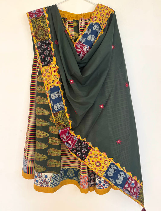 ✨Garba nu Ghoomie ~ Ajrakh Lehenga and Dupatta Set ~ Yellow and Olive Green Combo