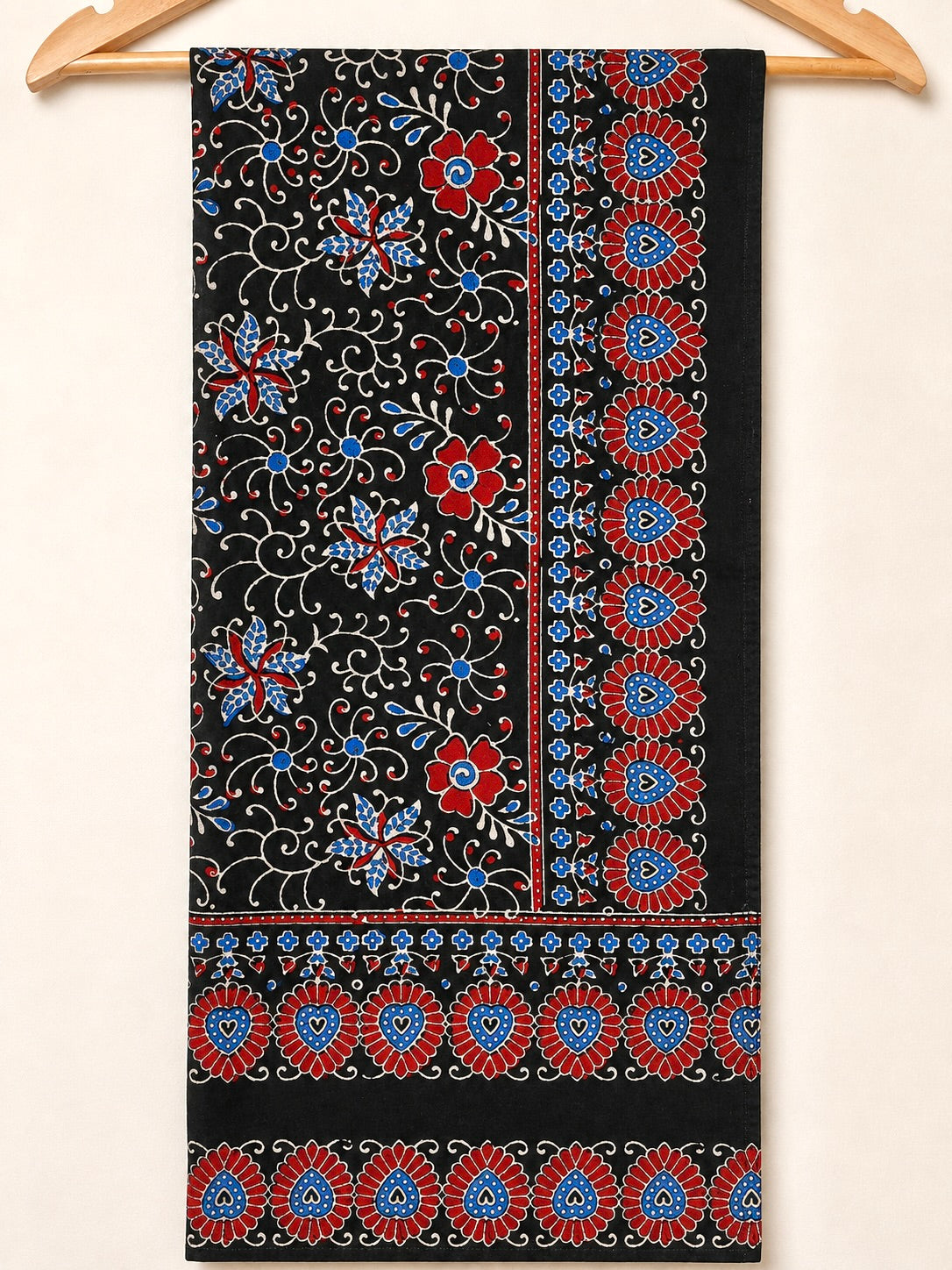 Raahi🌻Ajrakh Cotton Stoles ~ black and metallic blue w/ star motifs