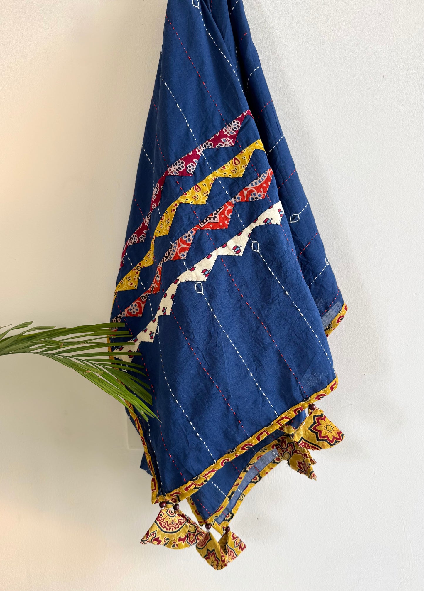 Ajrakh Applique & Kantha Embroidered Dupatta ~ Navy Blue with Multicolor Patch Work