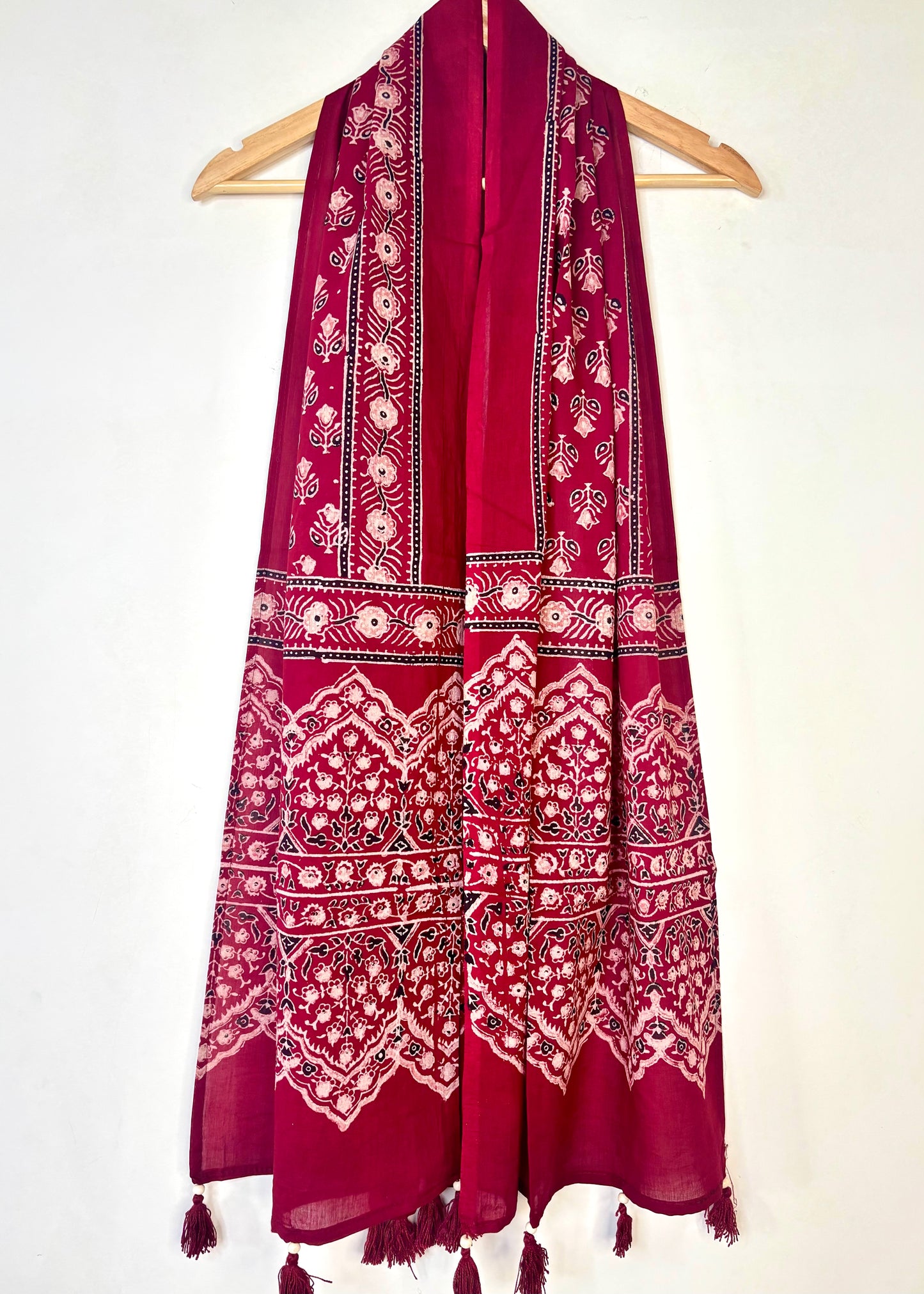 Raahi🌻Ajrakh Cotton Stoles ~ Deep red w/ motifs