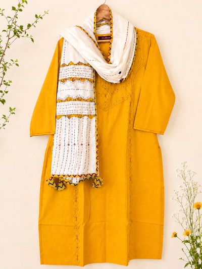 Masakali ~ Yellow Ochre Cotton Embroidered Kurti & Dupatta Set