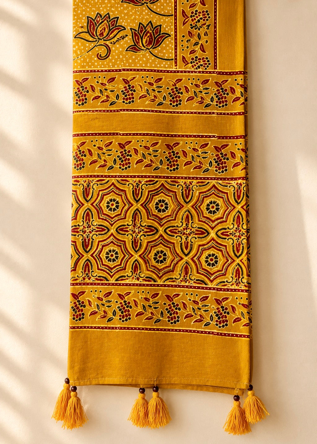 Raahi🌻Ajrakh Cotton Stoles ~ Mustard Yellow w/ Lotus Motif