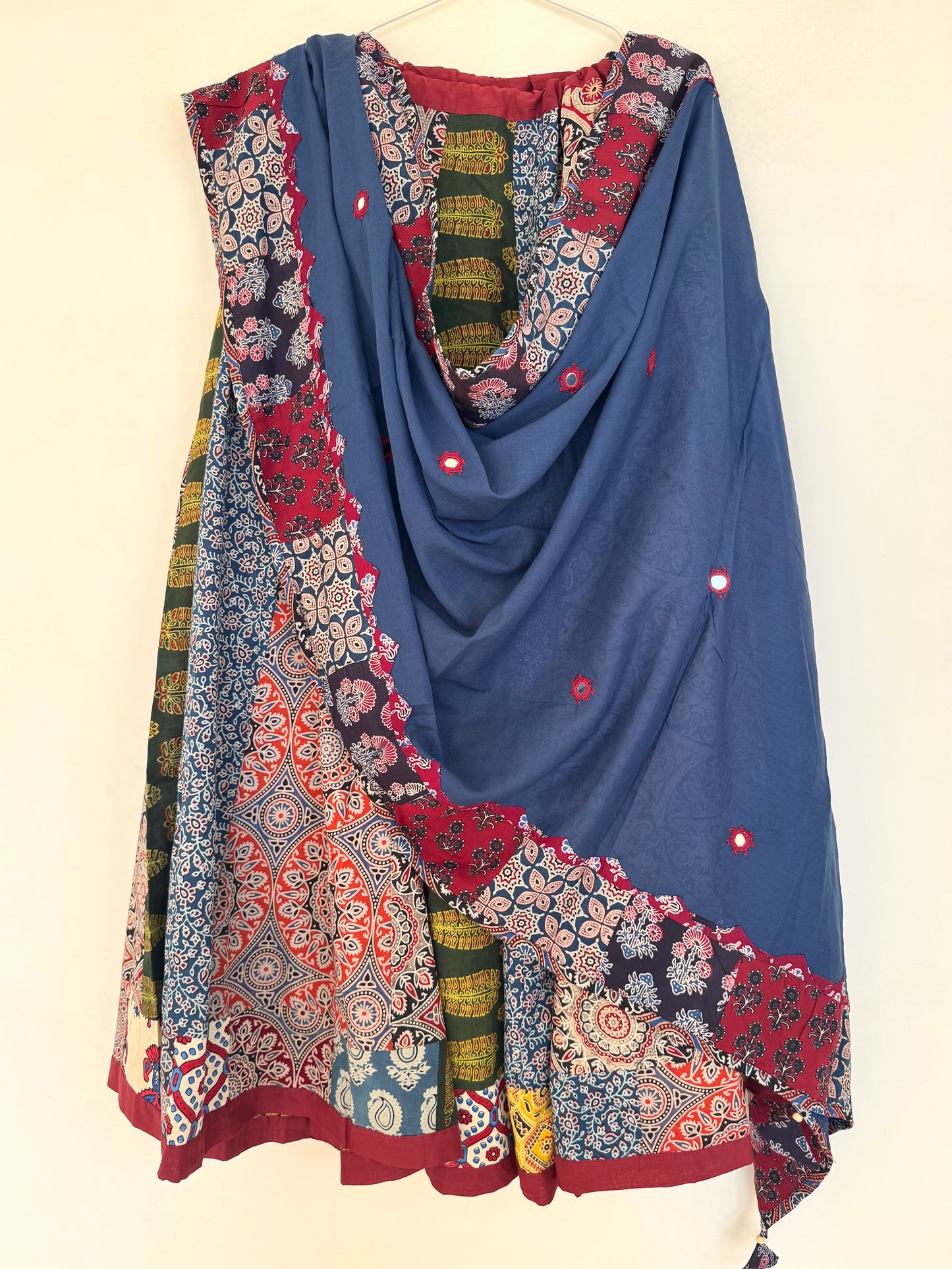 ✨Garba nu Ghoomie ~ Ajrakh Lehenga and Dupatta Set ~ Multicolor w/ Navy Blue Dupatta