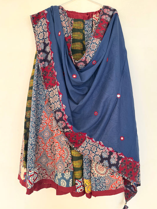 ✨Garba nu Ghoomie ~ Ajrakh Lehenga and Dupatta Set ~ Multicolor w/ Navy Blue Dupatta