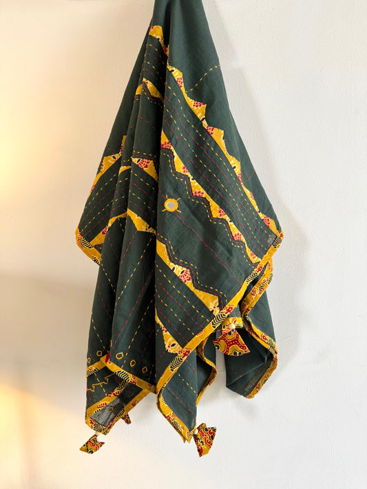 Ajrakh Applique & Kantha Embroidered Dupatta ~ Olive Green and Yellow