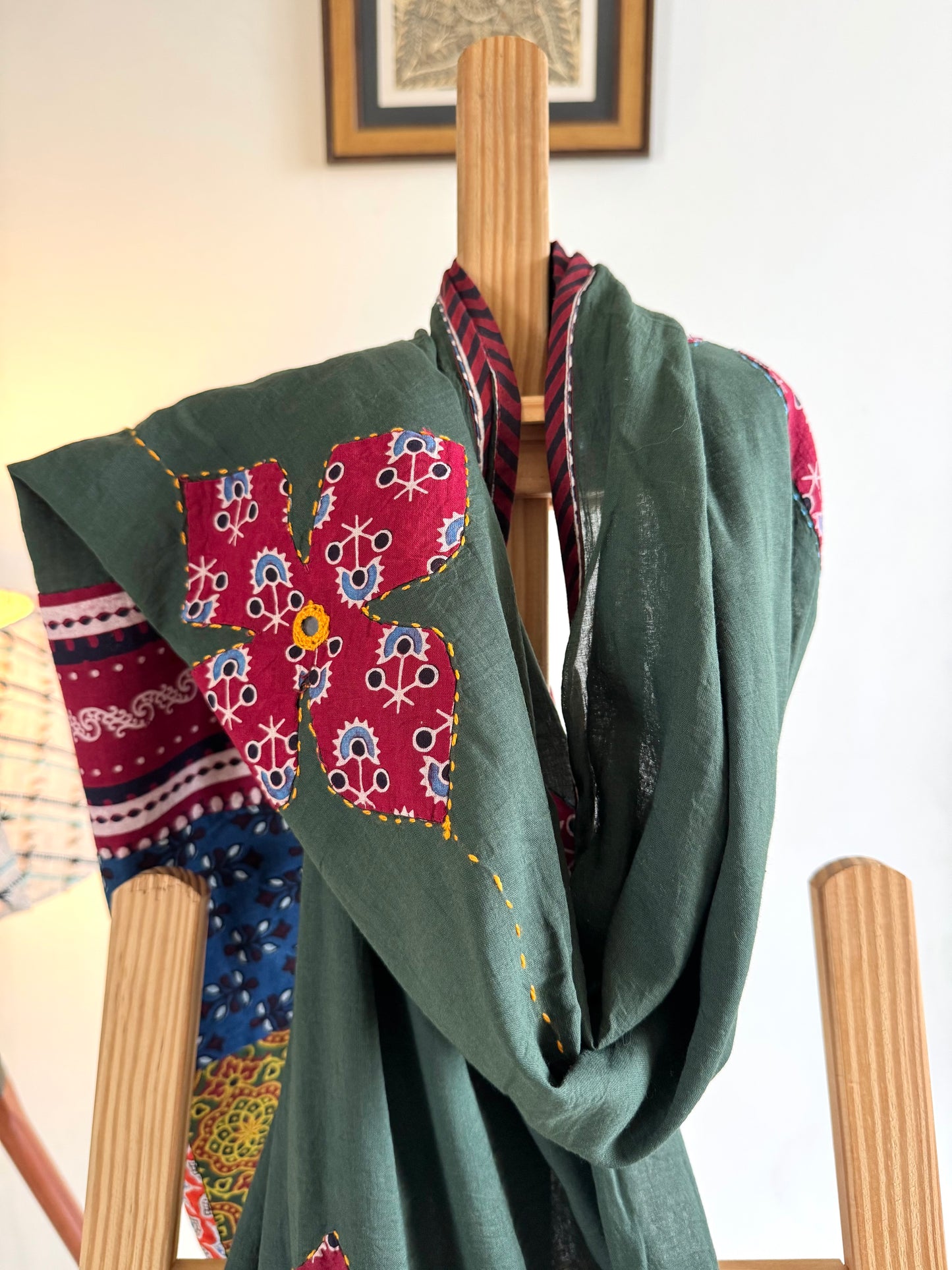 𓂃ོ⋆☀︎𓂃ᨒོ Ajrakh, Applique & Kantha Embroidered Dupatta ~ Olive Green w/ Ruby Flowers𑁍ࠬ