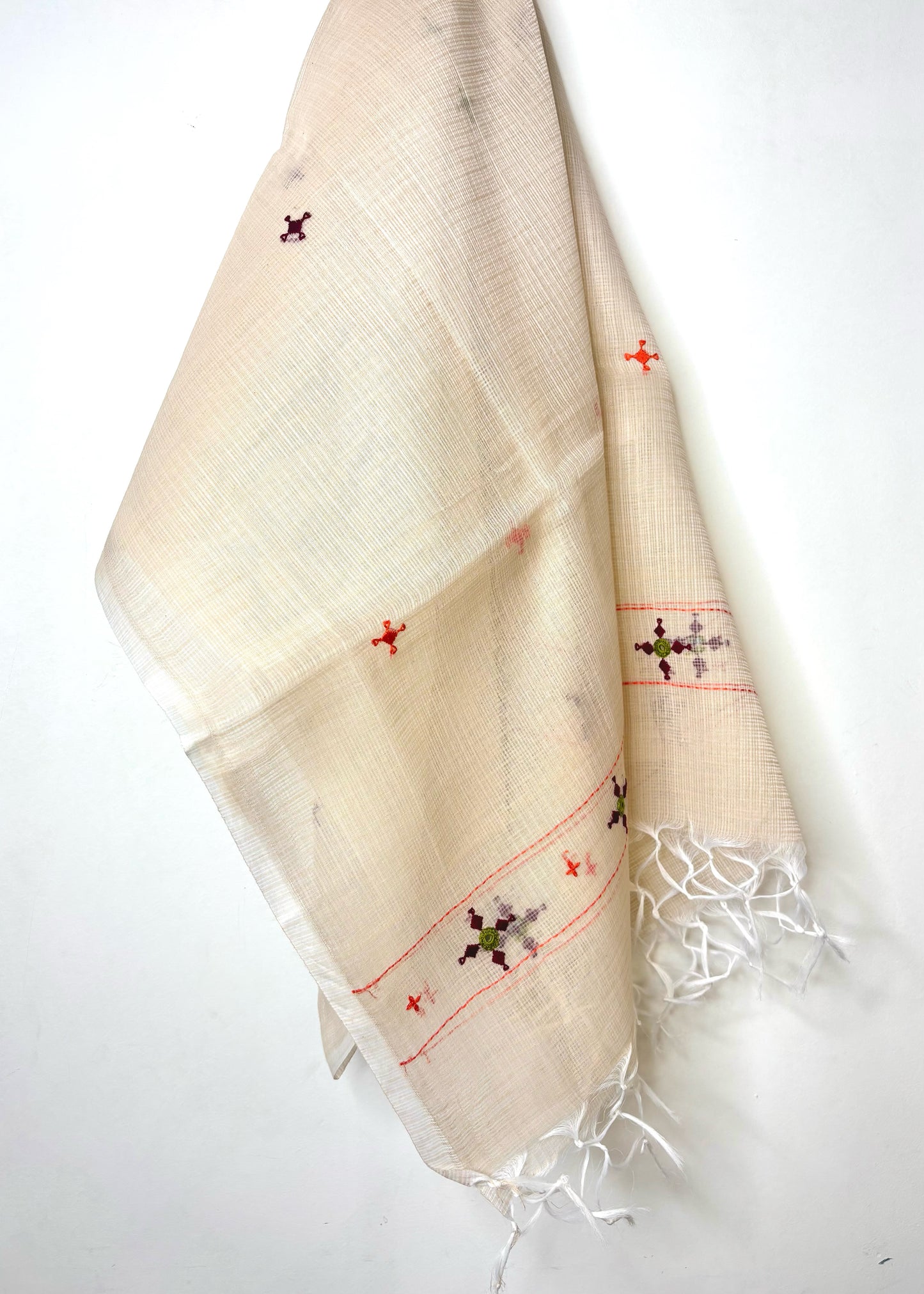 Kota Doria Hand Embroidered Dupatta ~ Beige w/ maroon stars