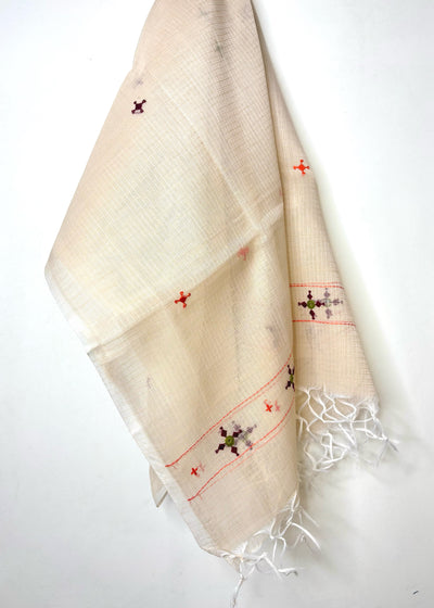 Kota Doria Hand Embroidered Dupatta ~ Beige w/ maroon stars