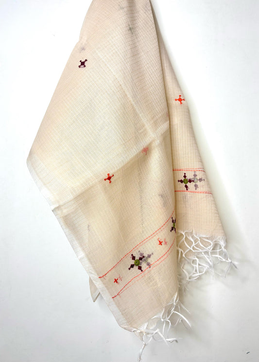 Kota Doria Hand Embroidered Dupatta ~ Beige w/ maroon stars