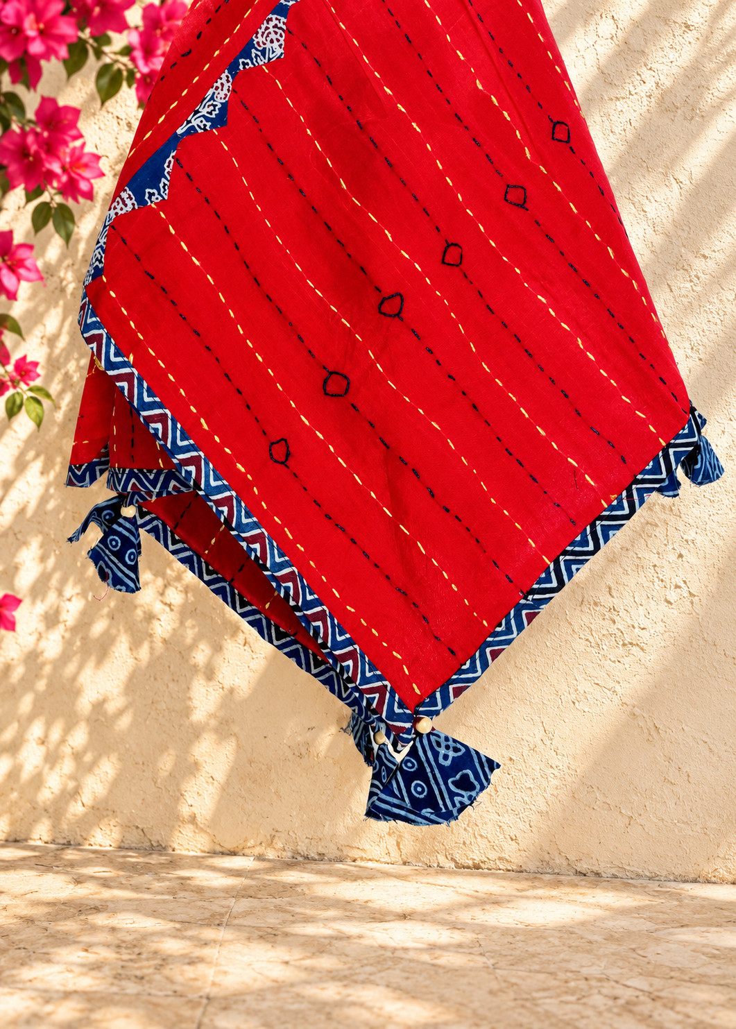Ajrakh Applique & Kantha Embroidered Dupatta ~ Cherry Red w/ Blue Patchwork
