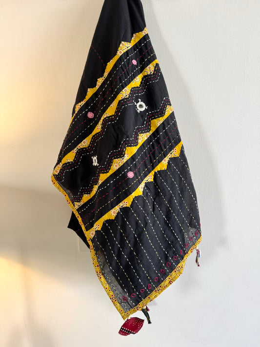 Ajrakh Applique & Kantha Embroidered Dupatta ~ Black & Yellow