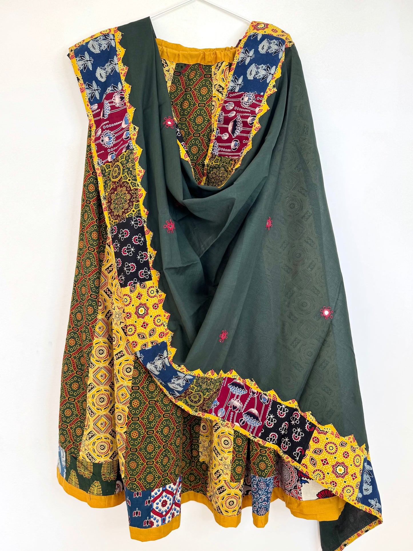 ✨Garba nu Ghoomie ~ Ajrakh Lehenga and Dupatta Set ~ Yellow Strips w/ Olive Green Dupatta