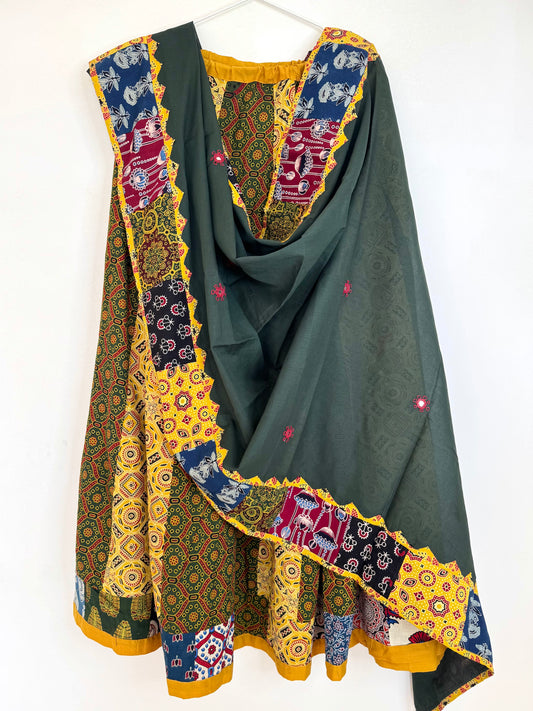 ✨Garba nu Ghoomie ~ Ajrakh Lehenga and Dupatta Set ~ Yellow Strips w/ Olive Green Dupatta
