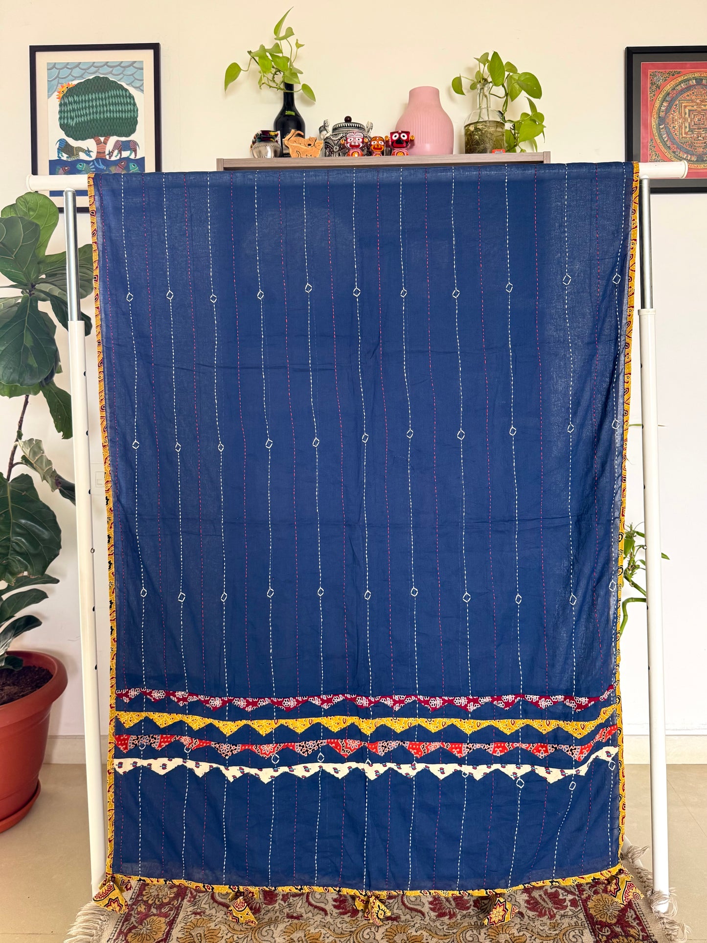Ajrakh Applique & Kantha Embroidered Dupatta ~ Navy Blue with Multicolor Patch Work