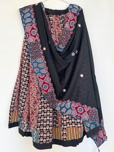 ✨Garba nu Ghoomie ~ Ajrakh Lehenga and Dupatta Set ~ Red and Black Combo