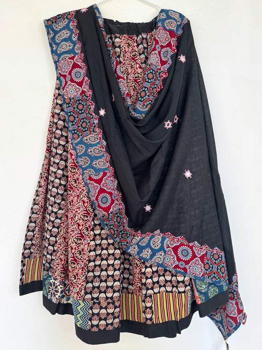 ✨Garba nu Ghoomie ~ Ajrakh Lehenga and Dupatta Set ~ Red and Black Combo