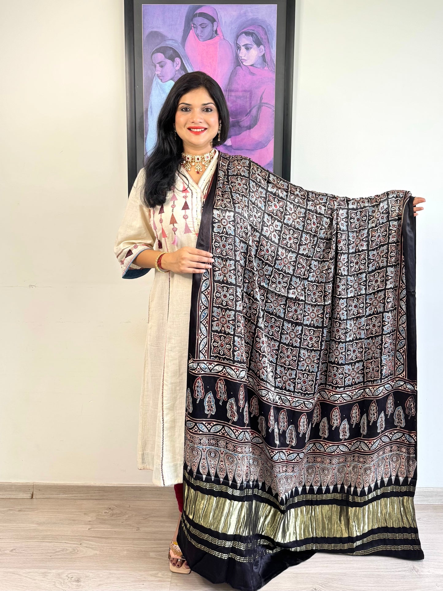 Modal Silk Ajrakh Dupatta ~ Metallic Black Square Motif w/ Zari