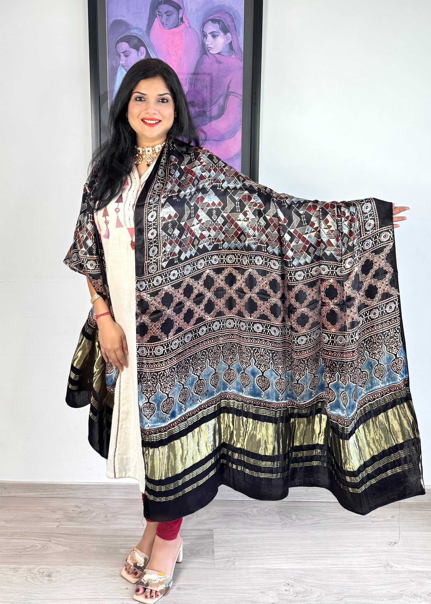 Modal Silk Ajrakh Dupatta ~ Black Worli Art Motif w/ Zari