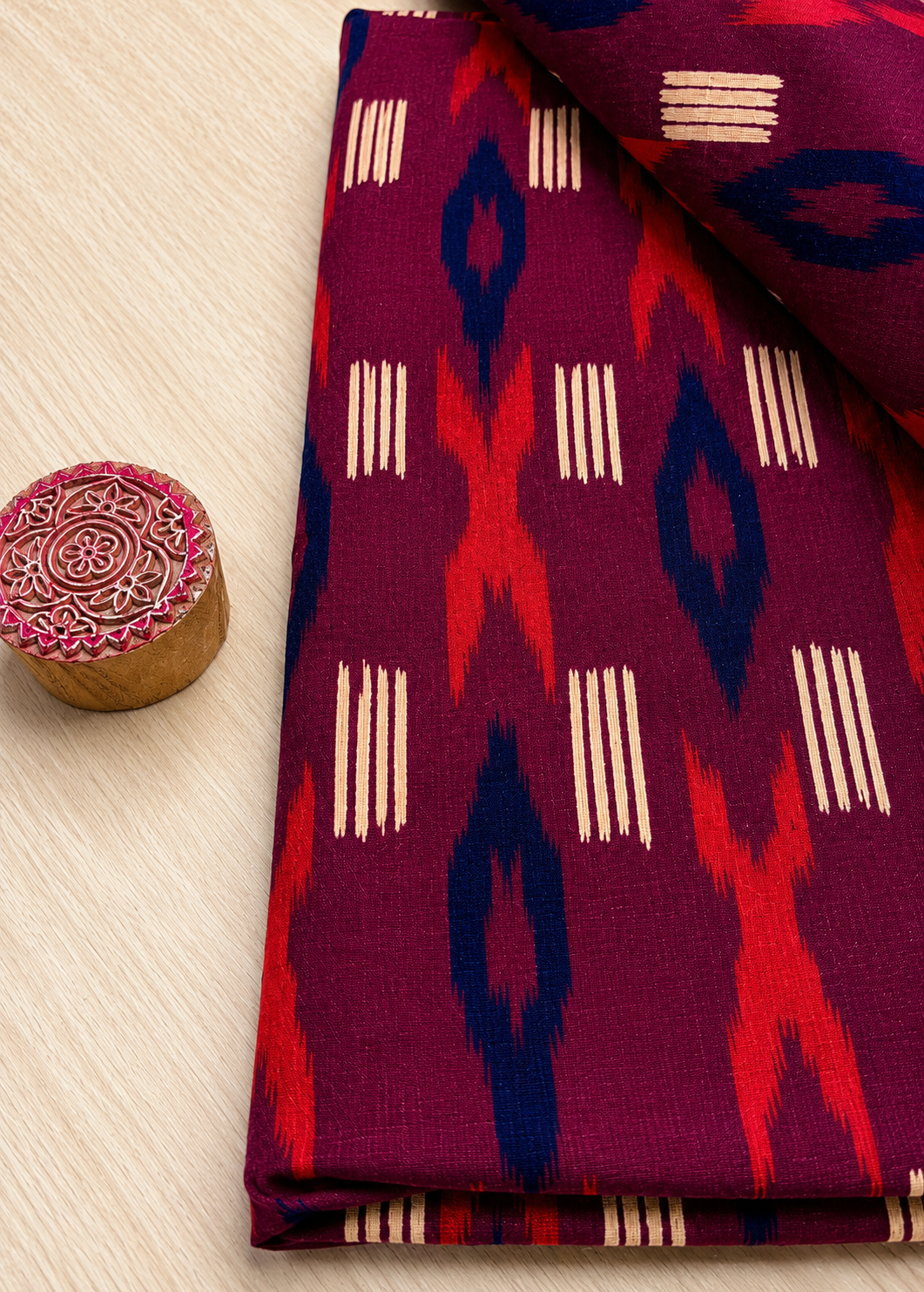 Wine Red Base w/ Ikkat Motifs Fabric